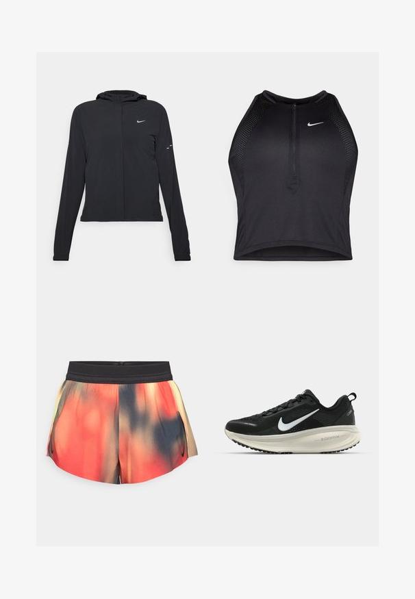 Must musta kapuutsiga jakk, millel on pikad varrukad ja mis on valmistatud kergetest materjalidest. Omab esitaskut, Nike logo ja kergelt silmatorkavaid disainiaktsente.; Must negra spordiline crop top, millel on lukk ees, võrgukangast detailid ja vormiv disain. Valmistatud venivast ja hingavast kangast. Nike logo ees.; Mitmevärvilised lühikesed püksid, millel on must elastne vöökoht, sujuvalt punasest oranžiks üleminev kangas, millel on õrnad sinised aktsendid, ja külgmised lõhikud liikumiseks.; Musthave mustus Nike jooksujalats, millel on hingav võrgust ülemine osa, valge swoosh logo, tekstuuriga detailid ja kreemja värvusega ZoomX vahevöö.