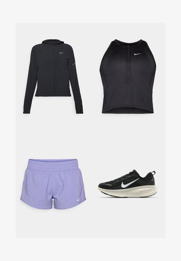 Must musta kapuutsiga jakk, millel on pikad varrukad ja mis on valmistatud kergetest materjalidest. Omab esitaskut, Nike logo ja kergelt silmatorkavaid disainiaktsente.; Must negra spordiline crop top, millel on lukk ees, võrgukangast detailid ja vormiv disain. Valmistatud venivast ja hingavast kangast. Nike logo ees.; Lillasest athletic lühikesed püksid elastse vöökohtaga, valmistatud kergest kangast, mille alumisel esiosal on väike valge Nike logo.; Musthave mustus Nike jooksujalats, millel on hingav võrgust ülemine osa, valge swoosh logo, tekstuuriga detailid ja kreemja värvusega ZoomX vahevöö.