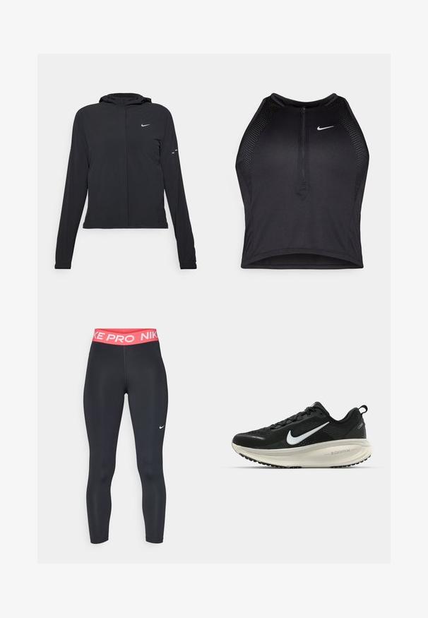 Jachetă neagră cu glugă, cu mâneci lungi, fabricată din material ușor. Dispune de un fermoar frontal, un logo Nike și accente de design subtile.; Top sportiv black, cu croială scurtă, cu fermoar în față, accente din plasă și un design ajustat. Fabricat dintr-un material elastic și respirabil. Logo-ul Nike pe față.; Nike Performance CROP - Leggings - black/aster pink/white; Pantofii de alergare negri de la Nike, cu parte superioară din plasă respirabilă, logo-ul alb Swoosh, detalii texturate și o talpă intermediară ZoomX de culoare crem.