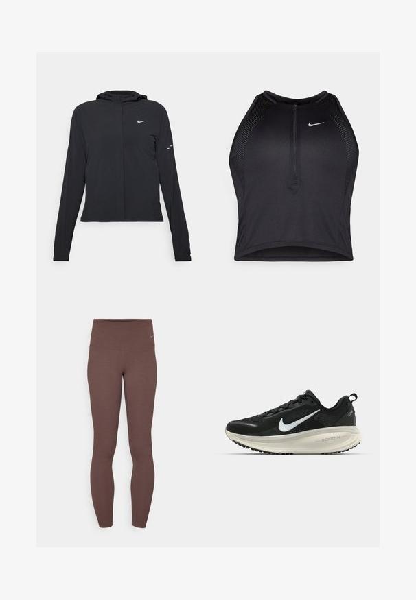 Casaco preto com capuz e mangas longas, feito de material leve. Apresenta um fecho dourado na frente, um logótipo da Nike e detalhes de design subtis.; Top cropped atlético preto com fecho à frente, acentos em malha e um design ajustado. Feito de tecido elástico e respirável. Logótipo da Nike na frente.; Leggings castanhos com cintura alta, feitos de material elástico, apresentando uma textura suave e um pequeno logótipo na cintura.; Sapatilha de corrida Nike preta com parte superior de malha respirável, logotipo Swoosh branco, detalhes texturizados e uma entressola ZoomX na cor creme.