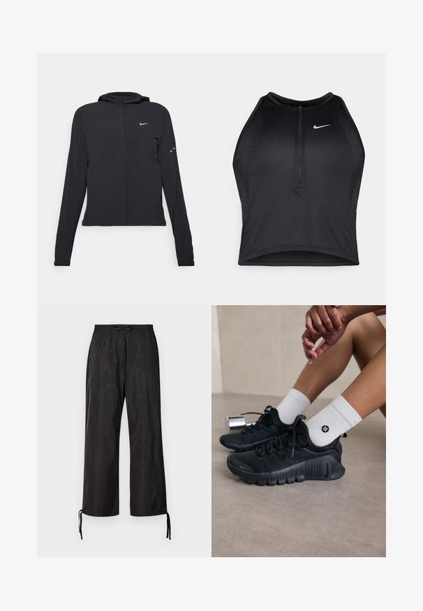 Crna jakna s kapuljačom i dugim rukavima, izrađena od laganog materijala. Ima prednji patentni zatvarač, Nike logo i suptilne dizajnerske detalje.; Crni sportski crop top s patentnim zatvaračem, mrežastim detaljima i prilagođenim dizajnom. Izrađen od rastezljivog, prozračnog materijala. Nike logo na prednjoj strani.; Crne, široke hlače s elastičnim pojasom i podesivim vezicama na gležnjevima. Glatka tkanina s suptilnim sjajem.; Crne atletske tenisice s teksturiranim materijalom, vezivanjem i istaknutim potplatom, u kombinaciji s bijelim rebrastim čarapama koje imaju mali logo.