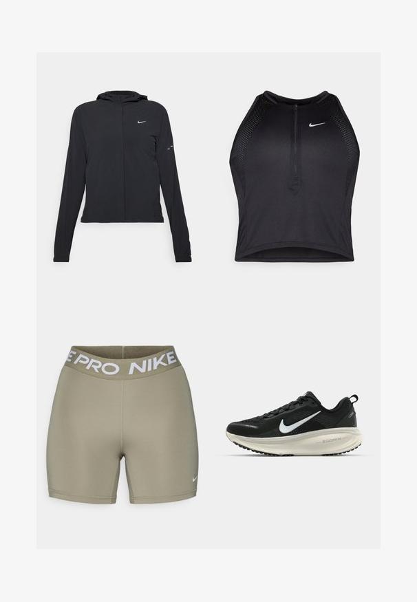 Casaco preto com capuz e mangas longas, feito de material leve. Apresenta um fecho dourado na frente, um logótipo da Nike e detalhes de design subtis.; Top cropped atlético preto com fecho à frente, acentos em malha e um design ajustado. Feito de tecido elástico e respirável. Logótipo da Nike na frente.; Calções atléticos verde-azeitona com uma cinta elástica branca grossa com "NIKE PRO". Tecido liso e elástico com detalhes de costura.; Sapatilha de corrida Nike preta com parte superior de malha respirável, logotipo Swoosh branco, detalhes texturizados e uma entressola ZoomX na cor creme.