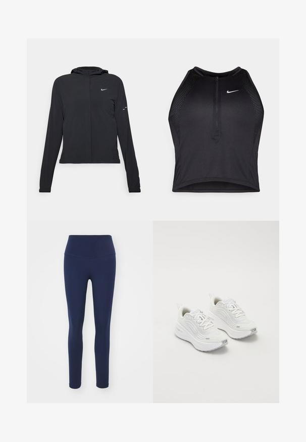 Must musta kapuutsiga jakk, millel on pikad varrukad ja mis on valmistatud kergetest materjalidest. Omab esitaskut, Nike logo ja kergelt silmatorkavaid disainiaktsente.; Must negra spordiline crop top, millel on lukk ees, võrgukangast detailid ja vormiv disain. Valmistatud venivast ja hingavast kangast. Nike logo ees.; Tumesinised legginsid, mis on valmistatud venivast kangast ning millel on kõrge talje, disainitud mugavuse ja sobiva silueti saavutamiseks. Sile tekstuur, nähtavaid mustreid ei ole.; Valged spordijalatsid, millel on tekstureeritud võrkkangas üst, pehme tallaga ja peened hallid aktsendid. Kaasas bränding ja aasaga kannaaken mugavaks selga panemiseks.