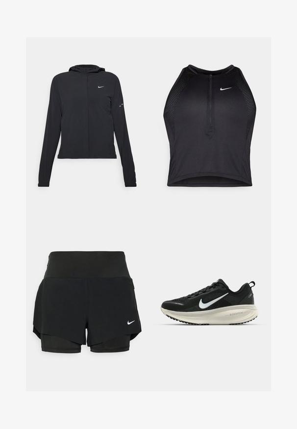 Black hooded jacket with long sleeves, made from lightweight material. Features a front zipper, a Nike logo, and subtle design accents.; Black athletic crop top with a zip-front, mesh accents, and a fitted design. Made from stretchy, breathable fabric. Nike logo on front.; Black athletic shorts featuring a layered design with an inner short and outer overlay, made of lightweight, stretchable fabric.; Black Nike running shoe with breathable mesh upper, white swoosh logo, textured detailing, and a cream-colored ZoomX midsole.