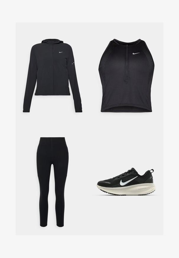 Černá kapucňová bunda s dlouhými rukávy, vyrobená z lehkého materiálu. Obsahuje přední zip, logo Nike a decentní designové akcenty.; Černý sportovní crop top se zipem vpředu, síťovými detaily a přiléhavým střihem. Vyrobený z elastického, prodyšného materiálu. Logo Nike na přední straně.; Černé legíny s vysokým pasem vyrobené z elastického materiálu, s bočními kapsami a hladkými švy pro oblíbený a elegantní vzhled.; Černá běžecká obuv Nike s prodyšným síťovaným svrškem, bílým logem swoosh, texturovanými detaily a krémovou mezipodešví ZoomX.