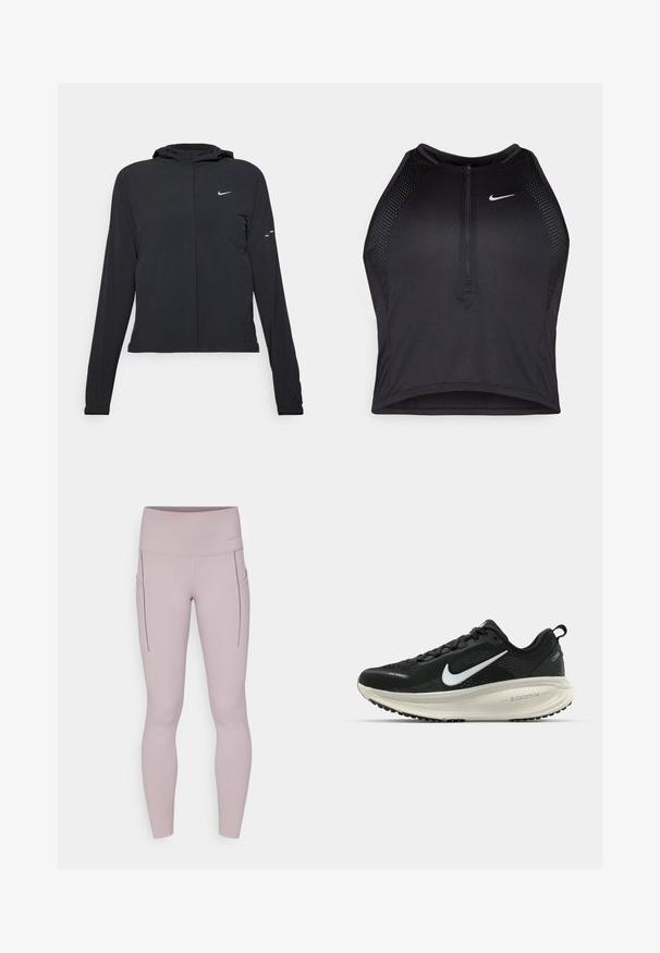 Crna jakna s kapuljačom i dugim rukavima, izrađena od laganog materijala. Ima prednji patentni zatvarač, Nike logo i suptilne dizajnerske detalje.; Crni sportski crop top s patentnim zatvaračem, mrežastim detaljima i prilagođenim dizajnom. Izrađen od rastezljivog, prozračnog materijala. Nike logo na prednjoj strani.; Leggings u svijetloj mauve boji, izrađene od rastezljivog materijala, sa visokim strukom i bočnim džepovima sa detaljima šavova.; Crne Nike trkačke tenisice s prozračnom mrežastom gornjom konstrukcijom, bijelim swoosh logotipom, teksturiranim detaljima i kremastom ZoomX srednjom potplatnom jedinicom.