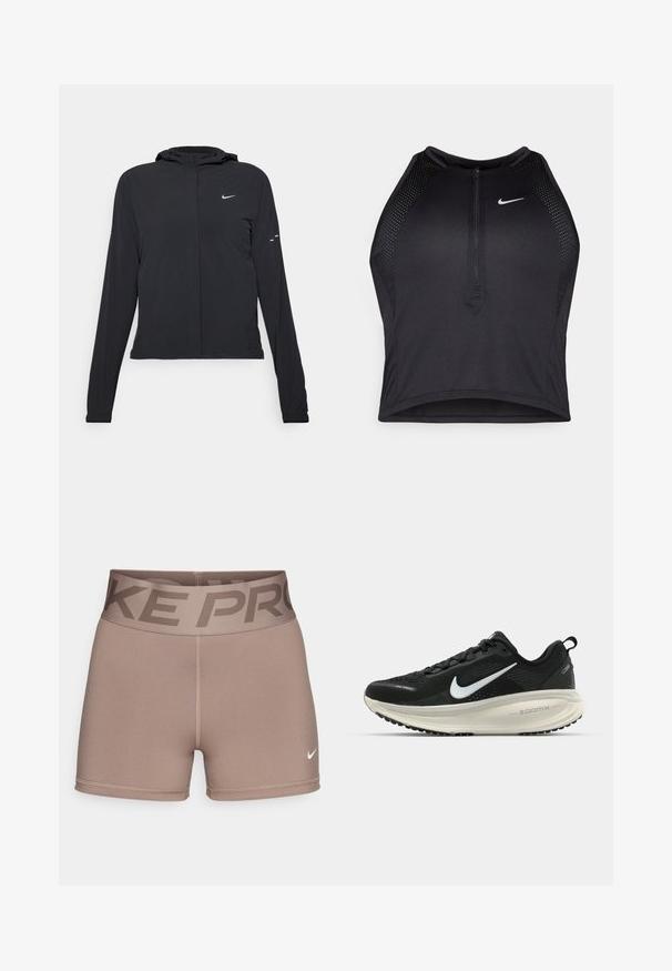 Schwarze Kapuzenjacke mit langen Ärmeln, aus leichtem Material gefertigt. Sie hat einen vorderen Reißverschluss, ein Nike-Logo und dezente Designelemente.; Schwarzes sportliches Crop-Top mit Reißverschluss vorne, Netz-Akzenten und figurnaher Passform. Hergestellt aus dehnbarem, atmungsaktivem Material. Nike-Logo auf der Vorderseite.; Hellbraune Nike Pro Shorts mit einem breiten Taillenbund, der mit dunkelblauen "NIKE PRO" Buchstaben verziert ist. Hergestellt aus dehnbarem, glattem Material, mit einem kleinen Logoakzent.; Schwarzer Nike-Laufschuh mit atmungsaktivem Mesh-Obermaterial, weißem Swoosh-Logo, strukturierten Details und einer cremefarbenen ZoomX-Zwischensohle.