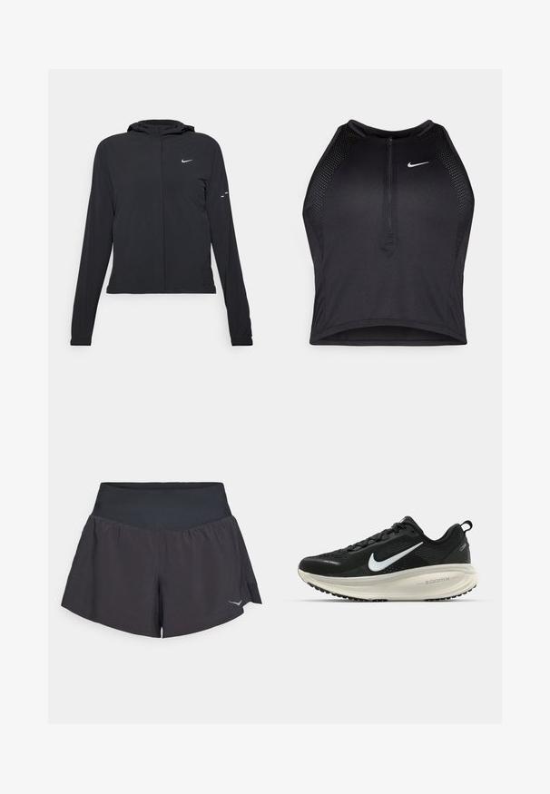 Black hooded jacket with long sleeves, made from lightweight material. Features a front zipper, a Nike logo, and subtle design accents.; Black athletic crop top with a zip-front, mesh accents, and a fitted design. Made from stretchy, breathable fabric. Nike logo on front.; Black athletic shorts with a wide, smooth waistband. Features a flared design and a reflective logo detail on the lower right side.; Black Nike running shoe with breathable mesh upper, white swoosh logo, textured detailing, and a cream-colored ZoomX midsole.