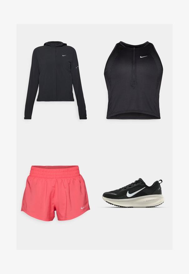 Svart huva jacka med långa ärmar, gjord av lätt material. Har en framdragare, en Nike-logotyp och subtila designelement.; Svart atletisk crop top med dragkedja framtill, nätdetaljer och en figurnära design. Tillverkad av elastiskt, andningsbart material. Nike-logga på framsidan.; Nike Performance ONE SHORT - Träningsshorts - aster pink/reflective silver; Svart Nike löparsko med andningsbart mesh-ovandel, vit swoosh-logotyp, texturerad detaljering och en krämfärgad ZoomX-mellansula.
