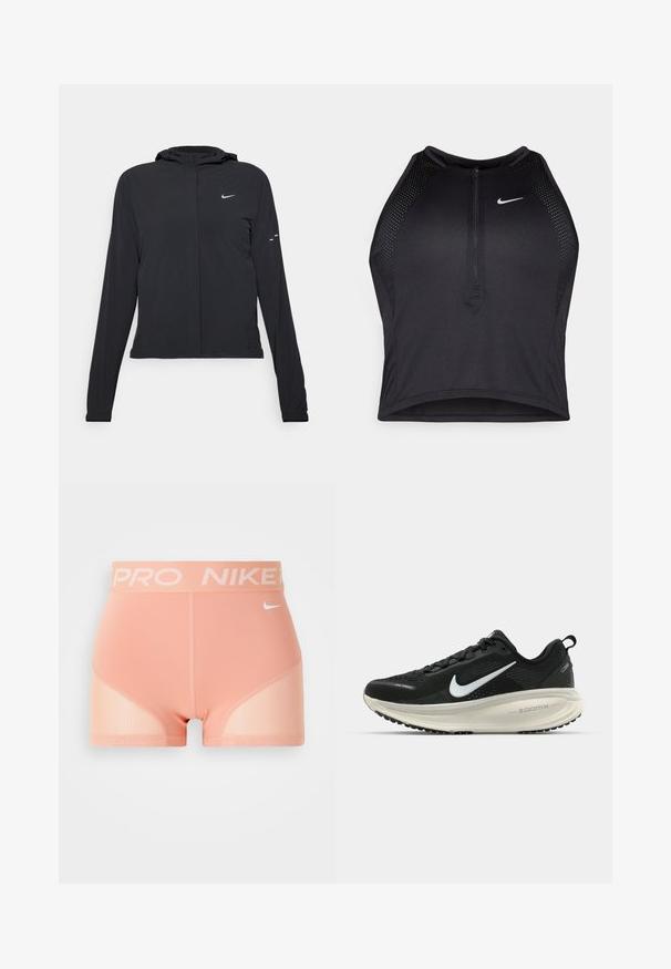 Giacca nera con cappuccio e maniche lunghe, realizzata in materiale leggero. Presenta una zip frontale, il logo Nike e accenti di design sottili.; Top corto atletico nero con zip frontale, dettagli in rete e un design aderente. Realizzato in tessuto elasticizzato e traspirante. Logo Nike sul davanti.; Shorts compressivi color pesca chiaro con una ampia vita elastica caratterizzata dai loghi "PRO" e "NIKE", e pannelli laterali in rete per una maggiore traspirabilità.; Scarpa da corsa nera Nike con tomaia in rete traspirante, logo Swoosh bianco, dettagli testurizzati e intersuola ZoomX di colore crema.