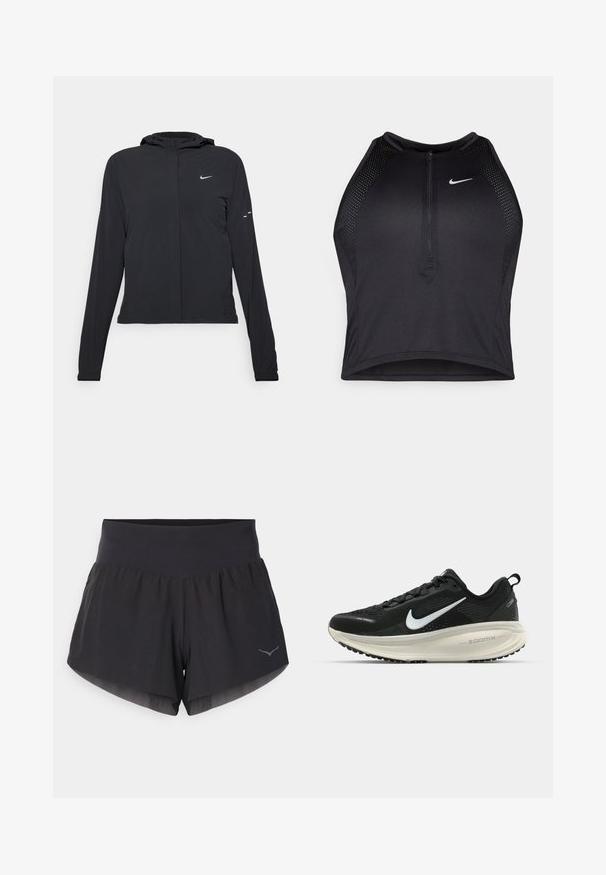 Svart hettegenser med lange ermer, laget av lett materiale. Har glidelås foran, Nike-logo og subtile design detaljer.; Svart idretts crop top med glidelås foran, mesh-detaljer og en figurvennlig design. Laget av elastisk, pustende materiale. Nike-logo på forsiden.; Svarte løpetights med bred midjebånd, lagdelt design og reflekterende logo langs kanten. Laget av lett, pustende materiale.; Svart Nike løpesko med pustende mesh-overdel, hvit swoosh-logo, teksturert detaljer og en kremfarget ZoomX mellomsåle.