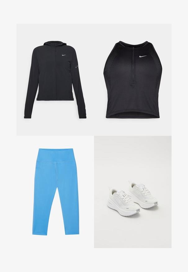 Casaco preto com capuz e mangas longas, feito de material leve. Apresenta um fecho dourado na frente, um logótipo da Nike e detalhes de design subtis.; Top cropped atlético preto com fecho à frente, acentos em malha e um design ajustado. Feito de tecido elástico e respirável. Logótipo da Nike na frente.; Leggings elásticos azuis com cintura alta, textura suave, corte até ao tornozelo e detalhes de costura subtil ao longo dos lados.; Tênis atléticos brancos com um cabedal de malha texturizada, sola acolchoada e discretos detalhes em cinza. Inclui logótipo e aba de calcanhar em laço para facilitar o calçar.