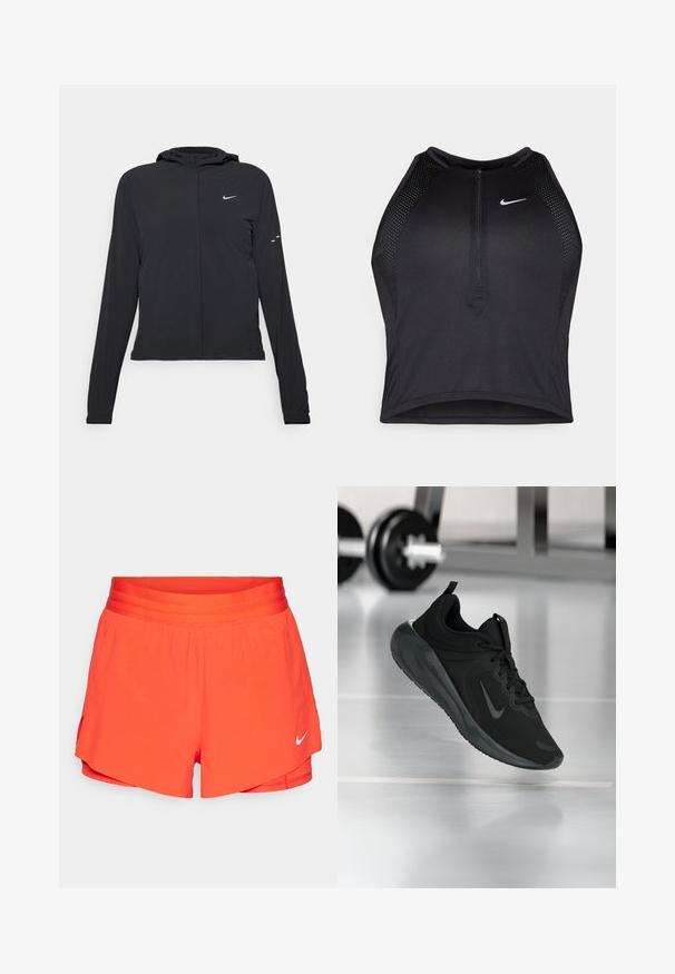 Svart huva jacka med långa ärmar, gjord av lätt material. Har en framdragare, en Nike-logotyp och subtila designelement.; Svart atletisk crop top med dragkedja framtill, nätdetaljer och en figurnära design. Tillverkad av elastiskt, andningsbart material. Nike-logga på framsidan.; Klart orangea träningsshorts med ett brett elastiskt midjeband, kort innerfoder och en vit swoosh-logotyp på nedre vänstra sidan.; Svarta sportskor med Nike-logotyp, visade mitt i luften på gymgolvet, med en suddig hantelställning i bakgrunden.