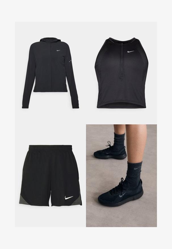 Chaqueta negra con capucha y mangas largas, hecha de un material ligero. Presenta un cierre frontal, un logo de Nike y acentos de diseño sutiles.; Top corto deportivo negro con cremallera frontal, detalles de malla y un diseño ajustado. Fabricado con tejido elástico y transpirable. Logo de Nike en la parte frontal.; Pantalones cortos deportivos negros hechos de una tela ligera, con un patrón texturizado, cinturilla elástica y un logo blanco de Nike en el dobladillo.; Zapatillas Nike negras con parte superior de punto texturizado, que cuentan con un logo de swoosh gris, combinadas con calcetines oscuros de canalé. Suela de goma plana.