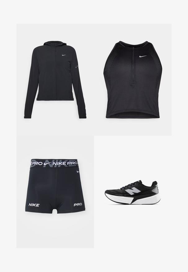 Casaco preto com capuz e mangas longas, feito de material leve. Apresenta um fecho dourado na frente, um logótipo da Nike e detalhes de design subtis.; Top cropped atlético preto com fecho à frente, acentos em malha e um design ajustado. Feito de tecido elástico e respirável. Logótipo da Nike na frente.; Nike Performance SHORT - Leggings - black/iron grey/white; Sapatilha de corrida New Balance em preto e branco, com sola espessa, parte superior de malha e logótipo "N" de lado, vista do lado externo.