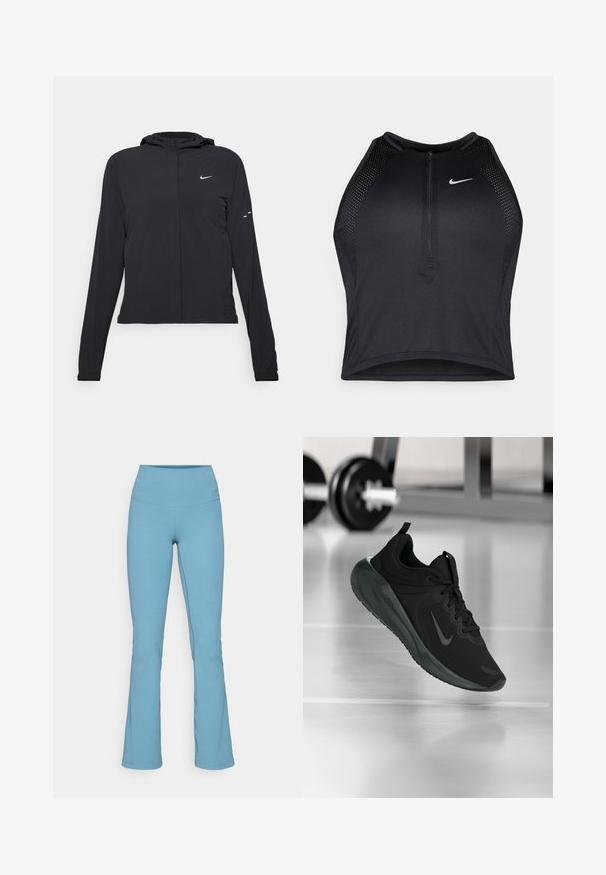 Juodas gobtuvas striukė su ilgomis rankovėmis, pagaminta iš lengvo audinio. Pasižymi priekiniais užtrauktukais, Nike logotipu ir subtiliais dizaino akcentais.; Juodas sportinis trumpas viršus su užtrauktuku priekyje, tinklinėmis detalėmis ir prigludusia forma. Pagamintas iš tamprios, kvėpuojančios medžiagos. Nike logotipas priekyje.; Šviesiai mėlynos platėjančios sportinės legging'os su aukštu juosmeniu. Pagamintos iš glotnaus, elastingo audinio, turinčio subtilų logotipą ant juosmens.; Juodas sportinis sportbačiai su Nike logotipu, pavaizduoti ore virš sporto salės grindų, fone išblurinta hantelių laikiklis.