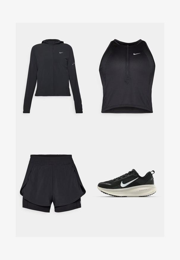 Svart huva jacka med långa ärmar, gjord av lätt material. Har en framdragare, en Nike-logotyp och subtila designelement.; Svart atletisk crop top med dragkedja framtill, nätdetaljer och en figurnära design. Tillverkad av elastiskt, andningsbart material. Nike-logga på framsidan.; Svarta träningstights med elastisk midja, lagerdesign och slät textur. Inre byxor är tighta, medan yttre byxor har en lös passform.; Svart Nike löparsko med andningsbart mesh-ovandel, vit swoosh-logotyp, texturerad detaljering och en krämfärgad ZoomX-mellansula.