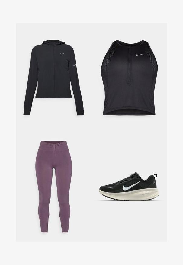 Casaco preto com capuz e mangas longas, feito de material leve. Apresenta um fecho dourado na frente, um logótipo da Nike e detalhes de design subtis.; Top cropped atlético preto com fecho à frente, acentos em malha e um design ajustado. Feito de tecido elástico e respirável. Logótipo da Nike na frente.; Yogasearcher CHENDA SEAMLESS LEGGING - Leggings - topaze; Sapatilha de corrida Nike preta com parte superior de malha respirável, logotipo Swoosh branco, detalhes texturizados e uma entressola ZoomX na cor creme.