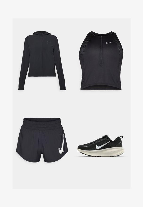 Casaco preto com capuz e mangas longas, feito de material leve. Apresenta um fecho dourado na frente, um logótipo da Nike e detalhes de design subtis.; Top cropped atlético preto com fecho à frente, acentos em malha e um design ajustado. Feito de tecido elástico e respirável. Logótipo da Nike na frente.; Calções atléticos pretos com um cós elástico, bainhas curvas e um destacado logo branco da Nike do lado esquerdo. Tecido suave e leve.; Sapatilha de corrida Nike preta com parte superior de malha respirável, logotipo Swoosh branco, detalhes texturizados e uma entressola ZoomX na cor creme.
