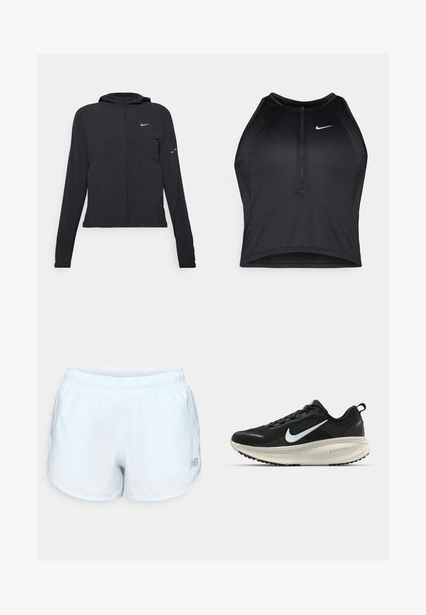 Svart huva jacka med långa ärmar, gjord av lätt material. Har en framdragare, en Nike-logotyp och subtila designelement.; Svart atletisk crop top med dragkedja framtill, nätdetaljer och en figurnära design. Tillverkad av elastiskt, andningsbart material. Nike-logga på framsidan.; Ljusblå träningsshorts med elastisk midja, böjd nederkant, silverfärgad logotypdetalj på nedre högra sidan, tillverkade av lättviktig. ; Svart Nike löparsko med andningsbart mesh-ovandel, vit swoosh-logotyp, texturerad detaljering och en krämfärgad ZoomX-mellansula.