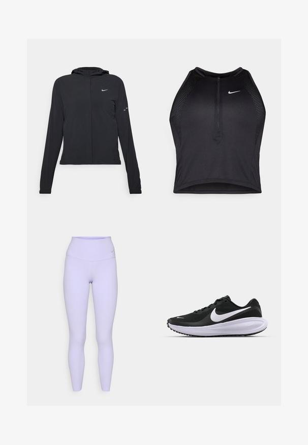 Melnā kapuci jaka ar garām piedurknēm, izgatavota no viegla materiāla. Tam ir priekšējais rāvējslēdzis, Nike logo un smalki dizaina akcenti.; Melnā sportiskā augšdaļa ar rāvējslēdzēju priekšpusē, acs akcenti un pieguloša dizaina. Izgatavota no elastīga, elpojoša auduma. Nike logo priekšpusē.; Violeta augstās jostas bikses ar gludu, elastīgu tekstūru un Nike logo uz jostas, izstrādātas ērtībai un kustībai.; Melnas sporta kurpes ar teksturētu sieta augšdaļu, baltu „swoosh” logotipu, mīkstu apkakli un biezu, amortizētu balto vidusdaļu. Gumijas zole.