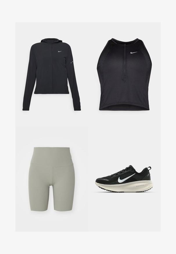 Czarna kurtka z kapturem, z długimi rękawami, wykonana z lekkiego materiału. Posiada zamek błyskawiczny z przodu, logo Nike oraz subtelne akcenty wzornicze.; Czarny sportowy crop top z zamkiem z przodu, z siateczkowymi akcentami i dopasowanym krojem. Wykonany z elastycznego, oddychającego materiału. Logo Nike z przodu.; Nike Performance ZENVY zielony; Czarna biegowa półbut z oddychającej siateczki, białym logo swoosh, teksturowanymi detalami oraz kremową podeszwą środkową ZoomX.