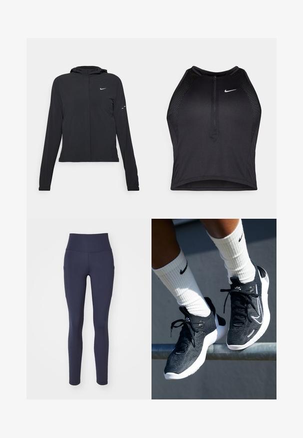 Czarna kurtka z kapturem, z długimi rękawami, wykonana z lekkiego materiału. Posiada zamek błyskawiczny z przodu, logo Nike oraz subtelne akcenty wzornicze.; Czarny sportowy crop top z zamkiem z przodu, z siateczkowymi akcentami i dopasowanym krojem. Wykonany z elastycznego, oddychającego materiału. Logo Nike z przodu.; Nike Performance ONE 7/8 granatowy; Czarne sportowe buty z teksturowanym plecionym wierzchem, białą podeszwą środkową i czarnymi sznurówkami. Noszone z białymi skarpetkami prążkowanymi z logo.