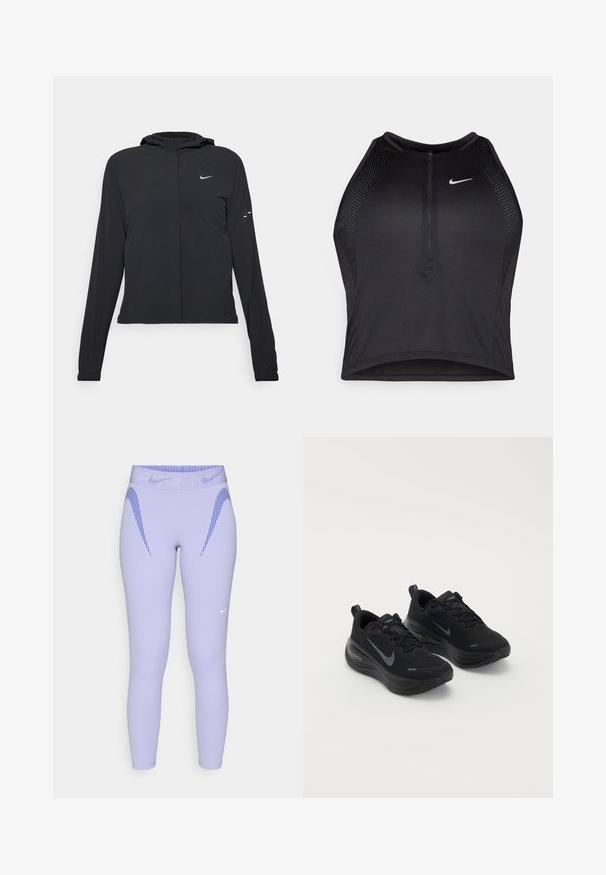 Must musta kapuutsiga jakk, millel on pikad varrukad ja mis on valmistatud kergetest materjalidest. Omab esitaskut, Nike logo ja kergelt silmatorkavaid disainiaktsente.; Must negra spordiline crop top, millel on lukk ees, võrgukangast detailid ja vormiv disain. Valmistatud venivast ja hingavast kangast. Nike logo ees.; Lillasest sportlikud retuusid, mis on tehtud venivast materjalist. Neil on sinised diagonaalsed riba ja valge logo vasakul alajalas.; Mustad mustat spordijalatsid tekstureeritud pealisega, nööpidega mudel ja paks, pehme tallaga. Igal küljel on hall Nike logo.