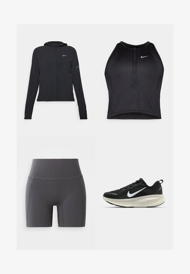 Veste à capuche noire avec des manches longues, fabriquée en matériau léger. Elle comporte une fermeture éclair à l'avant, un logo Nike et des accents de design subtils.; Crop top sportif noir avec fermeture éclair à l'avant, accents en mesh et design ajusté. Fabriqué en tissu extensible et respirant. Logo Nike à l'avant.; Shorts de sport gris avec une taille haute, fabriqués en tissu lisse et extensible. Dotés de coutures plates et d'un design ajusté.; Baskets de course noir Nike avec tige respirante en mesh, logo swoosh blanc, détails texturés et semelle intermédiaire ZoomX de couleur crème.