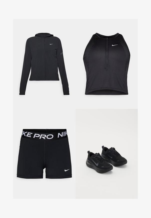 Must musta kapuutsiga jakk, millel on pikad varrukad ja mis on valmistatud kergetest materjalidest. Omab esitaskut, Nike logo ja kergelt silmatorkavaid disainiaktsente.; Must negra spordiline crop top, millel on lukk ees, võrgukangast detailid ja vormiv disain. Valmistatud venivast ja hingavast kangast. Nike logo ees.; Mustad sportlikud lühikesed püksid laia vöökohtaga, millel on valge "NIKE PRO" kiri, sile tekstuur ja väike valge Nike logo külgedel.; Mustad mustat spordijalatsid tekstureeritud pealisega, nööpidega mudel ja paks, pehme tallaga. Igal küljel on hall Nike logo.