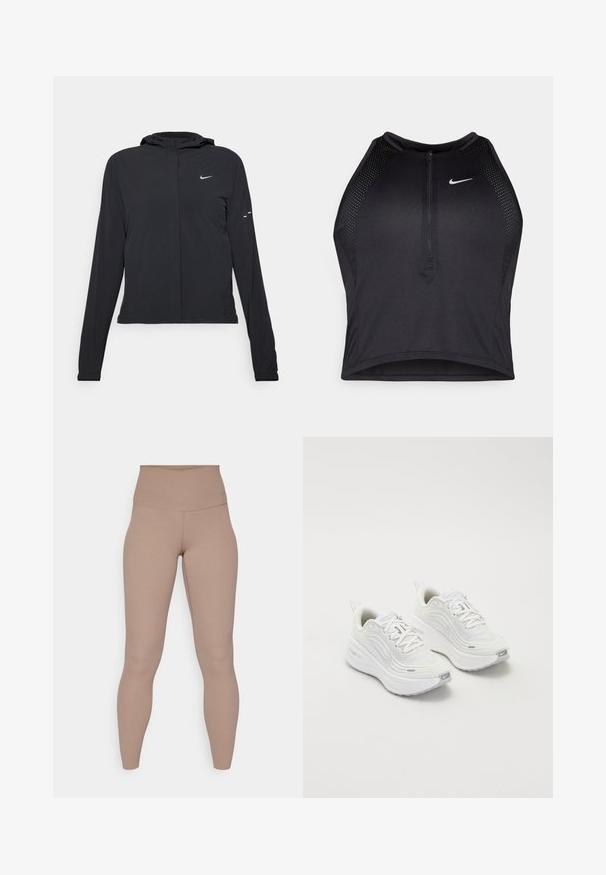 Giacca nera con cappuccio e maniche lunghe, realizzata in materiale leggero. Presenta una zip frontale, il logo Nike e accenti di design sottili.; Top corto atletico nero con zip frontale, dettagli in rete e un design aderente. Realizzato in tessuto elasticizzato e traspirante. Logo Nike sul davanti.; Leggings sportivi beige con una vita alta e liscia. Realizzati in tessuto elasticizzato, presentano un design aderente che arriva fino alle caviglie.; Scarpe da ginnastica bianche con tomaia in rete testurizzata, suola ammortizzata e sottili dettagli grigi. Comprendono il branding e una linguetta sul tallone per una facile calzata.