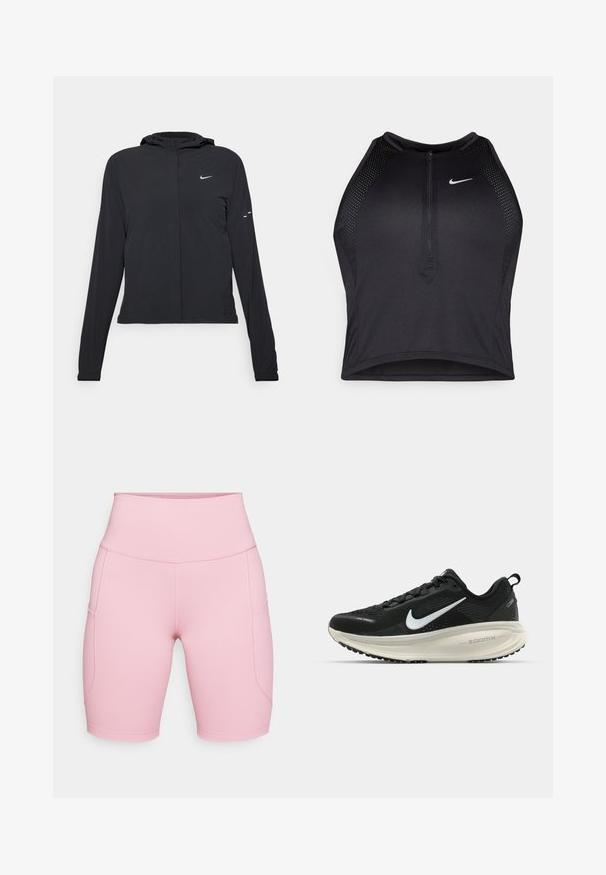 Svart hettegenser med lange ermer, laget av lett materiale. Har glidelås foran, Nike-logo og subtile design detaljer.; Svart idretts crop top med glidelås foran, mesh-detaljer og en figurvennlig design. Laget av elastisk, pustende materiale. Nike-logo på forsiden.; Lyse rosa høytaljede shortser laget av elastisk stoff, med sidelommer og kontraststing detaljer. Glatt tekstur.; Svart Nike løpesko med pustende mesh-overdel, hvit swoosh-logo, teksturert detaljer og en kremfarget ZoomX mellomsåle.