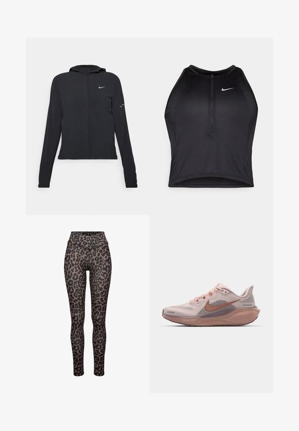Zwarte kaptrui met lange mouwen, gemaakt van lichtgewicht materiaal. Voorzien van een ritssluiting aan de voorkant, een Nike-logo en subtiele ontwerpelementen.; Zwarte atletische crop top met een rits aan de voorkant, mesh accenten en een aansluitend ontwerp. Gemaakt van rekbare, ademende stof. Nike-logo aan de voorkant.; Leggings met luipaardprint, voorzien van een hoge tailleband, een gladde textuur en een aansluitend ontwerp. Het patroon heeft gevarieerde groottes van donkere vlekken op een tan achtergrond.; Lichtroze sportschoen met een bovenwerk van mesh, bruine accenten en een getextureerde zool. Bevat veters en een gevoerde hiel voor comfort.