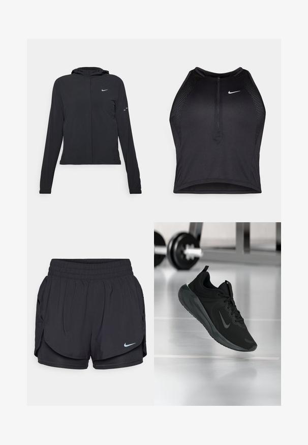 Black hooded jacket with long sleeves, made from lightweight material. Features a front zipper, a Nike logo, and subtle design accents.; Black athletic crop top with a zip-front, mesh accents, and a fitted design. Made from stretchy, breathable fabric. Nike logo on front.; Black athletic shorts with a wide elastic waistband, side pockets, and Nike logo. Made from lightweight, moisture-wicking fabric.; Black sports sneaker with Nike logo, shown mid-air on gym floor, with blurred dumbbell rack in background.