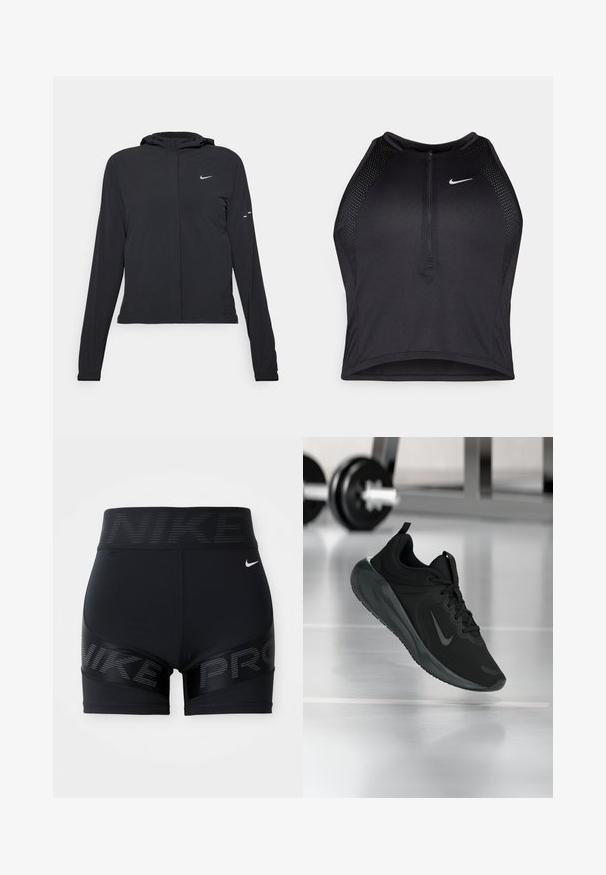 Veste à capuche noire avec des manches longues, fabriquée en matériau léger. Elle comporte une fermeture éclair à l'avant, un logo Nike et des accents de design subtils.; Crop top sportif noir avec fermeture éclair à l'avant, accents en mesh et design ajusté. Fabriqué en tissu extensible et respirant. Logo Nike à l'avant.; Shorts de sport noirs avec une large taille portant le logo "NIKE", texture lisse et accents réfléchissants sur les côtés.; Baskets de sport noires avec le logo Nike, montrées en l'air au-dessus d'un sol de gym, avec un rack de haltères flou en arrière-plan.