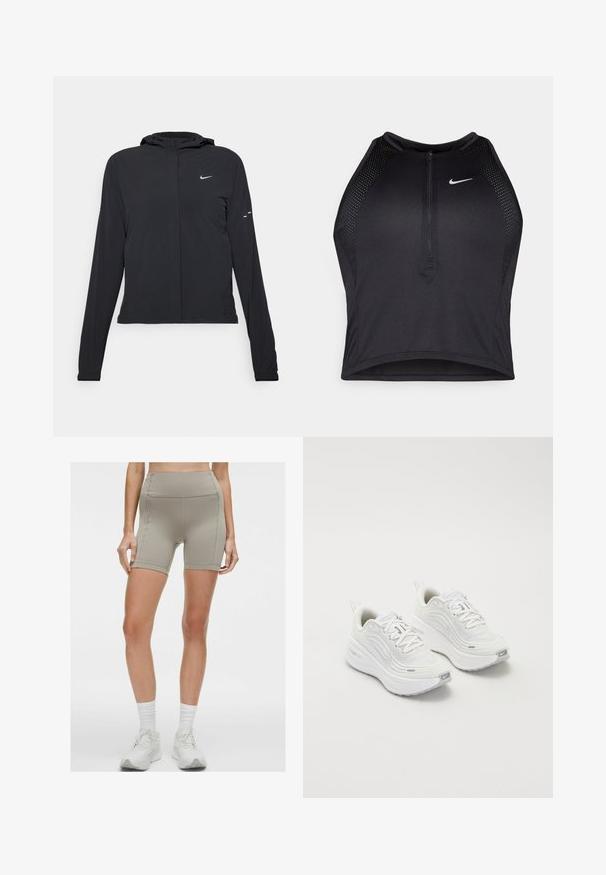 Mustassa hupparissa on pitkät hihat, ja se on valmistettu kevyestä materiaalista. Siinä on edessä vetoketju, Nike-logo ja hillityt muotoiluyksityiskohdat.; Musta urheilullinen crop-top, jossa on vetoketjukiinnitys, verkkokankaiset yksityiskohdat ja istuva malli. Valmistettu joustavasta ja hengittävästä kankaasta. Nike-logo edessä.; lululemon SWIFT SPEED HIGH-RISE 15CM - Lyhyet juoksutrikoot - warm ash grey; Valkoiset urheilukengät, joissa on teksturoitu verkkoma upper, pehmustettu pohja ja hillityt harmaat yksityiskohdat. Mukana brändäys ja silmukkamuotoinen kantapäänvetotappi helppoa pukeutumista varten.