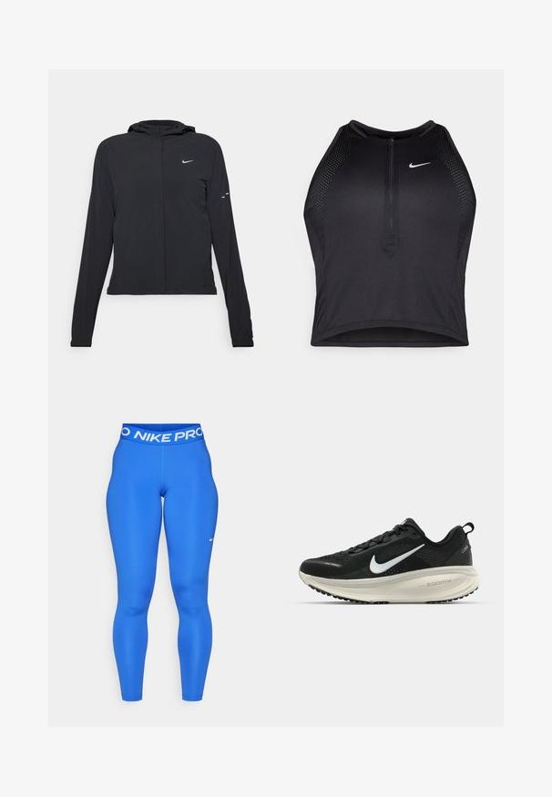 Zwarte kaptrui met lange mouwen, gemaakt van lichtgewicht materiaal. Voorzien van een ritssluiting aan de voorkant, een Nike-logo en subtiele ontwerpelementen.; Zwarte atletische crop top met een rits aan de voorkant, mesh accenten en een aansluitend ontwerp. Gemaakt van rekbare, ademende stof. Nike-logo aan de voorkant.; Blauwe Nike Pro legging met een brede witte tailleband waarop de tekst "NIKE PRO" staat, gemaakt van glad, rekbaar materiaal in een aansluitend ontwerp.; Zwarte Nike hardloopschoen met ademend mesh bovenwerk, witte swoosh-logo, gestructureerde details en een crèmekleurige ZoomX middenzool.