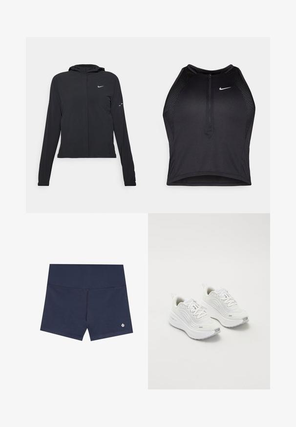 Must musta kapuutsiga jakk, millel on pikad varrukad ja mis on valmistatud kergetest materjalidest. Omab esitaskut, Nike logo ja kergelt silmatorkavaid disainiaktsente.; Must negra spordiline crop top, millel on lukk ees, võrgukangast detailid ja vormiv disain. Valmistatud venivast ja hingavast kangast. Nike logo ees.; Tumed sinised ujumispüksid, mis on valmistatud siledast kangast, omavad saumatut disaini, painduvaid vöökoht ja väikest logo all paremal küljel.; Valged spordijalatsid, millel on tekstureeritud võrkkangas üst, pehme tallaga ja peened hallid aktsendid. Kaasas bränding ja aasaga kannaaken mugavaks selga panemiseks.