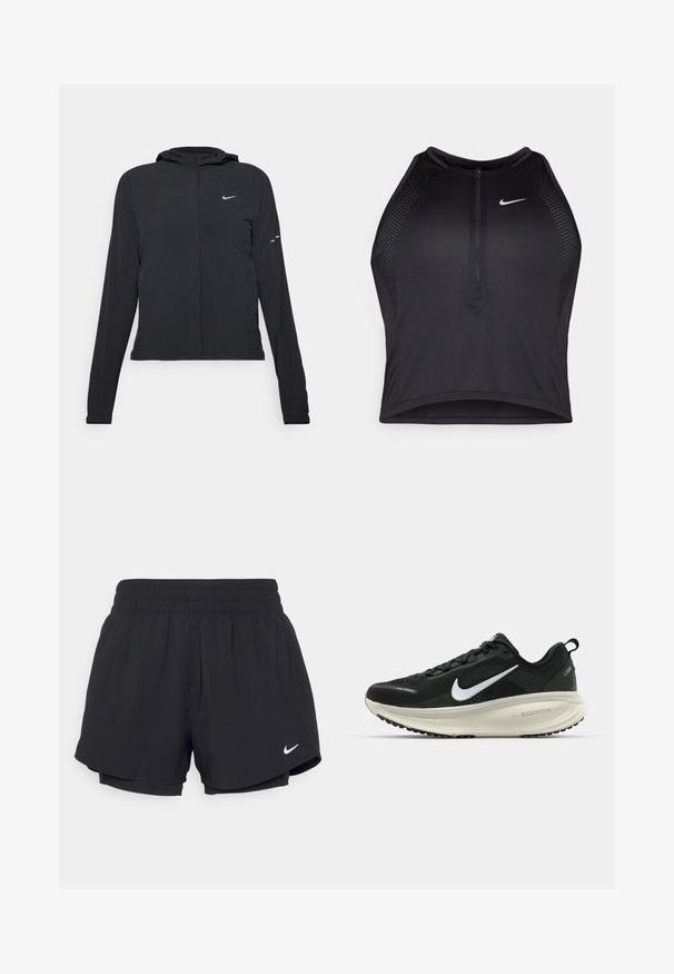 Melnā kapuci jaka ar garām piedurknēm, izgatavota no viegla materiāla. Tam ir priekšējais rāvējslēdzis, Nike logo un smalki dizaina akcenti.; Melnā sportiskā augšdaļa ar rāvējslēdzēju priekšpusē, acs akcenti un pieguloša dizaina. Izgatavota no elastīga, elpojoša auduma. Nike logo priekšpusē.; Melni sporta šorti ar savelkamu elastīgu jostasvietu, iekšējo oderi un baltu Nike logotipu kreisajā apakšējā stūrī. Gluda, viegla auduma.; Melnas Nike skriešanas kurpes ar elpojošu acs augšdaļu, baltu Swoosh logotipu, strukturētu apdari un krēmkrāsas ZoomX starpsole.