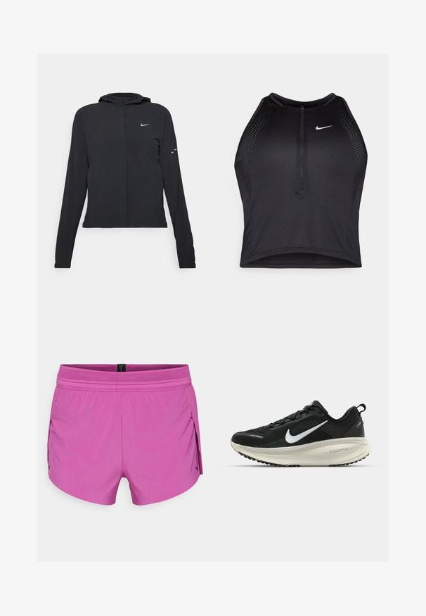 Mustassa hupparissa on pitkät hihat, ja se on valmistettu kevyestä materiaalista. Siinä on edessä vetoketju, Nike-logo ja hillityt muotoiluyksityiskohdat.; Musta urheilullinen crop-top, jossa on vetoketjukiinnitys, verkkokankaiset yksityiskohdat ja istuva malli. Valmistettu joustavasta ja hengittävästä kankaasta. Nike-logo edessä.; Lyhyet vaaleanpunaiset urheilushortsit, joissa on teksturoitu verkkovyötärö, leikkaus liikkumista varten, sivurei'ät ja musta logo yhdellä sivulla.; Mustat Nike-juoksukengät, joissa on hengittävä verkko-osa, valkoinen swoosh-logo, teksturoitu yksityiskohtaus ja kermaisen värinen ZoomX-välipohja.