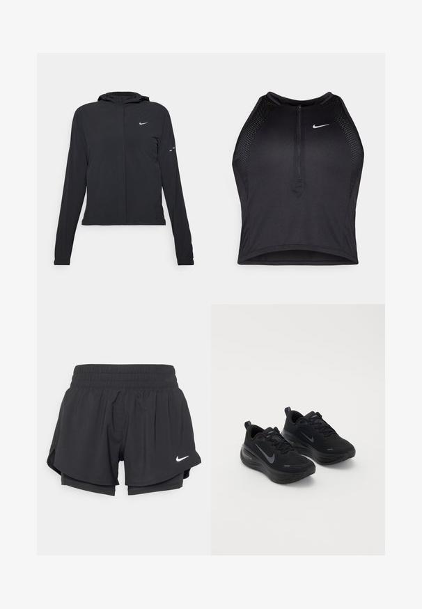 Svart hettegenser med lange ermer, laget av lett materiale. Har glidelås foran, Nike-logo og subtile design detaljer.; Svart idretts crop top med glidelås foran, mesh-detaljer og en figurvennlig design. Laget av elastisk, pustende materiale. Nike-logo på forsiden.; Sorte treningsshorts med elastisk liv, indvendig foring og sideskår. Har et hvidt Nike-logo på venstre front.; Svarte treningssko med teksturert overdel, snøring og tykk, dempet såle. Har en grå Nike-logo på hver side.