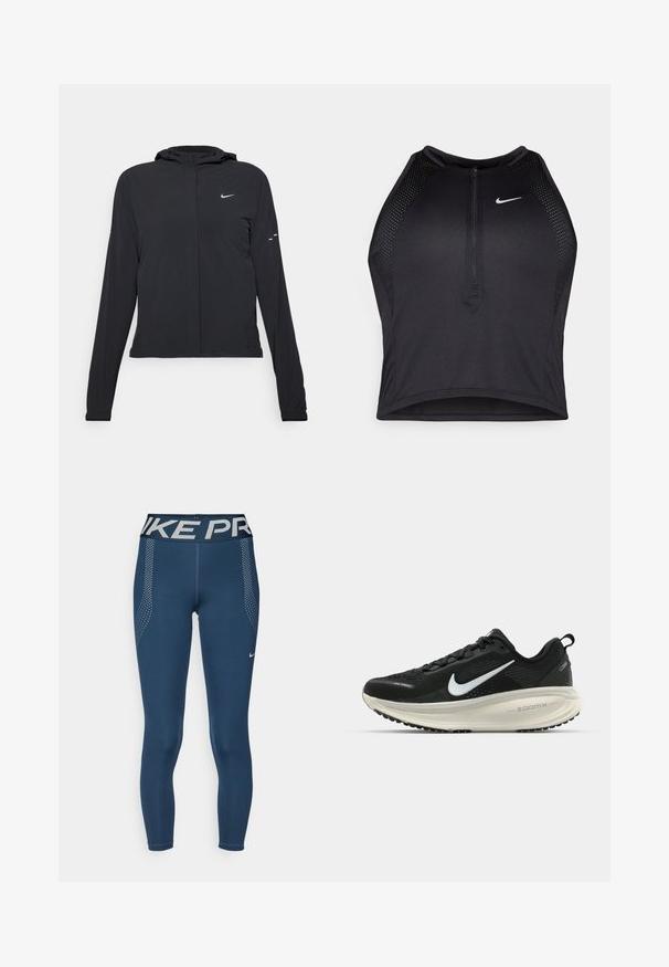 Crna jakna s kapuljačom i dugim rukavima, izrađena od laganog materijala. Ima prednji patentni zatvarač, Nike logo i suptilne dizajnerske detalje.; Crni sportski crop top s patentnim zatvaračem, mrežastim detaljima i prilagođenim dizajnom. Izrađen od rastezljivog, prozračnog materijala. Nike logo na prednjoj strani.; Tamno plave performansne tajice sa širokim elastičnim pojasom označenim "NIKE PRO." Sadrži naglaske u obliku tačaka sa strane.; Crne Nike trkačke tenisice s prozračnom mrežastom gornjom konstrukcijom, bijelim swoosh logotipom, teksturiranim detaljima i kremastom ZoomX srednjom potplatnom jedinicom.
