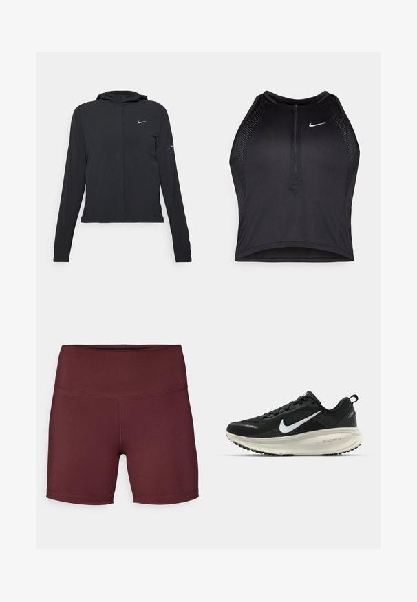 Černá kapucňová bunda s dlouhými rukávy, vyrobená z lehkého materiálu. Obsahuje přední zip, logo Nike a decentní designové akcenty.; Černý sportovní crop top se zipem vpředu, síťovými detaily a přiléhavým střihem. Vyrobený z elastického, prodyšného materiálu. Logo Nike na přední straně.; Burgundské sportovní kraťasy s vysokým pasem, vyrobené z hladké a elastické tkaniny; mají design s plochými švy a bez kapes.; Černá běžecká obuv Nike s prodyšným síťovaným svrškem, bílým logem swoosh, texturovanými detaily a krémovou mezipodešví ZoomX.