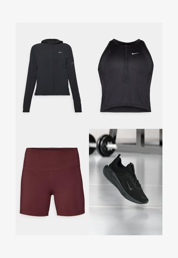 Crna jakna s kapuljačom i dugim rukavima, izrađena od laganog materijala. Ima prednji patentni zatvarač, Nike logo i suptilne dizajnerske detalje.; Crni sportski crop top s patentnim zatvaračem, mrežastim detaljima i prilagođenim dizajnom. Izrađen od rastezljivog, prozračnog materijala. Nike logo na prednjoj strani.; Bordo sportske kratke hlače s visokim strukom, izrađene od glatkoga, rastezljivog materijala; imaju dizajn ravnog šava bez džepova.; Crna sportska tenisica s Nike logotipom, prikazana u zraku na podu teretane, s mutnom stalcem za bučice u pozadini.