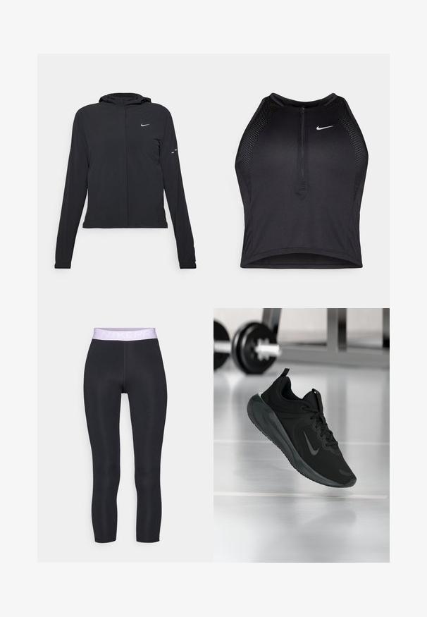 Must musta kapuutsiga jakk, millel on pikad varrukad ja mis on valmistatud kergetest materjalidest. Omab esitaskut, Nike logo ja kergelt silmatorkavaid disainiaktsente.; Must negra spordiline crop top, millel on lukk ees, võrgukangast detailid ja vormiv disain. Valmistatud venivast ja hingavast kangast. Nike logo ees.; Nike Performance CROP - Retuusid - black/lilac bloom/white; Mustad mustang spordijalatsid Nike logo'ga, õhus spordisaali põrandal, häguste hantlite riiulitega taustal.