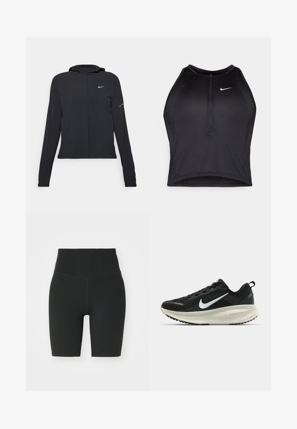 Mustassa hupparissa on pitkät hihat, ja se on valmistettu kevyestä materiaalista. Siinä on edessä vetoketju, Nike-logo ja hillityt muotoiluyksityiskohdat.; Musta urheilullinen crop-top, jossa on vetoketjukiinnitys, verkkokankaiset yksityiskohdat ja istuva malli. Valmistettu joustavasta ja hengittävästä kankaasta. Nike-logo edessä.; Mustat korkeavyötäröiset pyöräilyshortsit, jotka on valmistettu joustavasta kankaasta. Ominaisuuksiin kuuluvat litteät saumat ja tiukka muotoilu mukavuutta ja liikkumisvapauden takaamiseksi.; Mustat Nike-juoksukengät, joissa on hengittävä verkko-osa, valkoinen swoosh-logo, teksturoitu yksityiskohtaus ja kermaisen värinen ZoomX-välipohja.