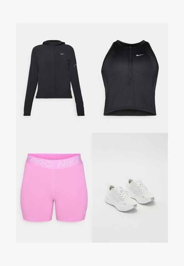 Zwarte kaptrui met lange mouwen, gemaakt van lichtgewicht materiaal. Voorzien van een ritssluiting aan de voorkant, een Nike-logo en subtiele ontwerpelementen.; Zwarte atletische crop top met een rits aan de voorkant, mesh accenten en een aansluitend ontwerp. Gemaakt van rekbare, ademende stof. Nike-logo aan de voorkant.; Nike Pro shorts in felle roze, gemaakt van soepel synthetisch materiaal. Kenmerkend is de brede logo tailleband en het slanke ontwerp, met contrasterende stitching.; Witte sportieve schoenen met een gestructureerde mesh bovenkant, een comfortabele zool en subtiele grijze accenten. Inclusief branding en een lus aan de hiel voor eenvoudig aan- en uittrekken.