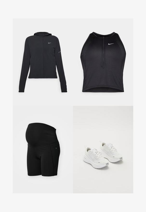 Black hooded jacket with long sleeves, made from lightweight material. Features a front zipper, a Nike logo, and subtle design accents.; Black athletic crop top with a zip-front, mesh accents, and a fitted design. Made from stretchy, breathable fabric. Nike logo on front.; Black maternity shorts made of smooth, stretchy fabric; features a wide, gathered waistband and a side pocket for convenience.; White athletic shoes with a textured mesh upper, cushioned sole, and subtle grey accents. Includes branding and looped heel tab for easy wear.