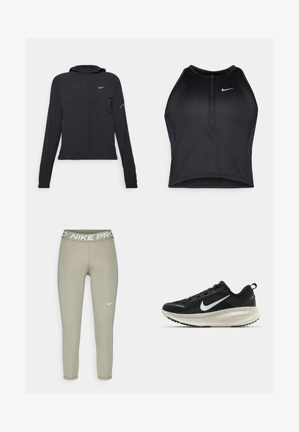 Casaco preto com capuz e mangas longas, feito de material leve. Apresenta um fecho dourado na frente, um logótipo da Nike e detalhes de design subtis.; Top cropped atlético preto com fecho à frente, acentos em malha e um design ajustado. Feito de tecido elástico e respirável. Logótipo da Nike na frente.; Leggings em verde oliva claro, feitos de tecido elástico. Apresentam uma cintura larga elástica com o texto "NIKE PRO" e um pequeno logo branco.; Sapatilha de corrida Nike preta com parte superior de malha respirável, logotipo Swoosh branco, detalhes texturizados e uma entressola ZoomX na cor creme.