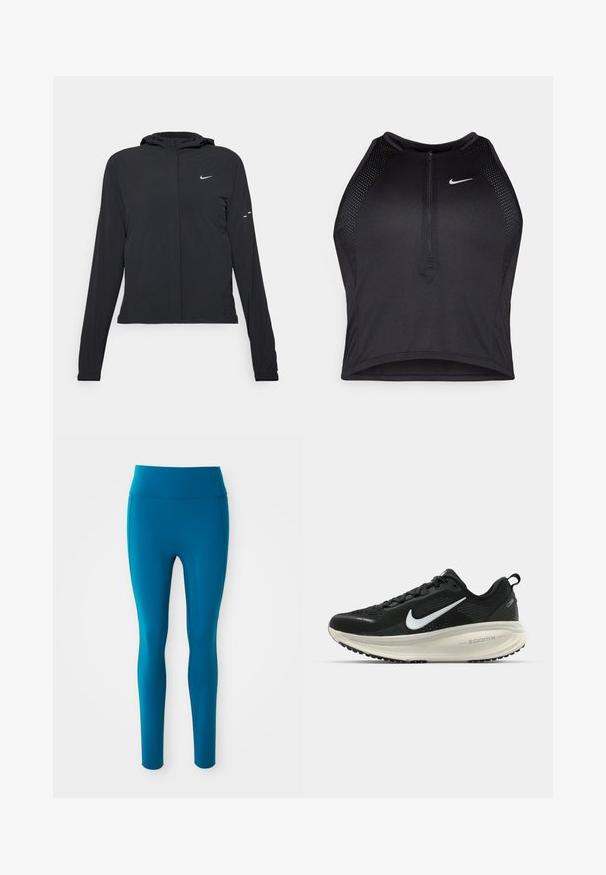 Mustassa hupparissa on pitkät hihat, ja se on valmistettu kevyestä materiaalista. Siinä on edessä vetoketju, Nike-logo ja hillityt muotoiluyksityiskohdat.; Musta urheilullinen crop-top, jossa on vetoketjukiinnitys, verkkokankaiset yksityiskohdat ja istuva malli. Valmistettu joustavasta ja hengittävästä kankaasta. Nike-logo edessä.; Tummansiniset leggingsit, joissa on korkea vyötärö ja sileä pinta, muotoon käyvä malli. Minimalistinen tyyli, sopii aktiiviseen käyttöön.; Mustat Nike-juoksukengät, joissa on hengittävä verkko-osa, valkoinen swoosh-logo, teksturoitu yksityiskohtaus ja kermaisen värinen ZoomX-välipohja.